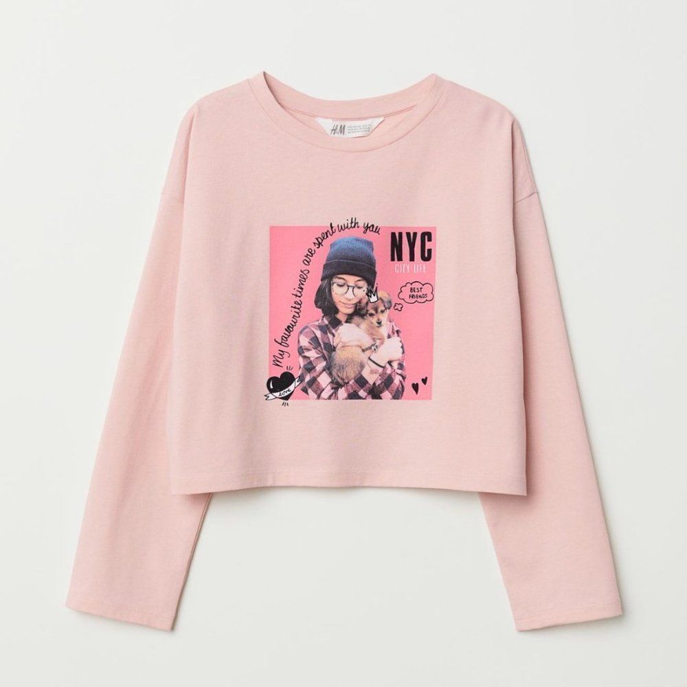 H&m Girls Light Pink Long Sleeve Print Shirt